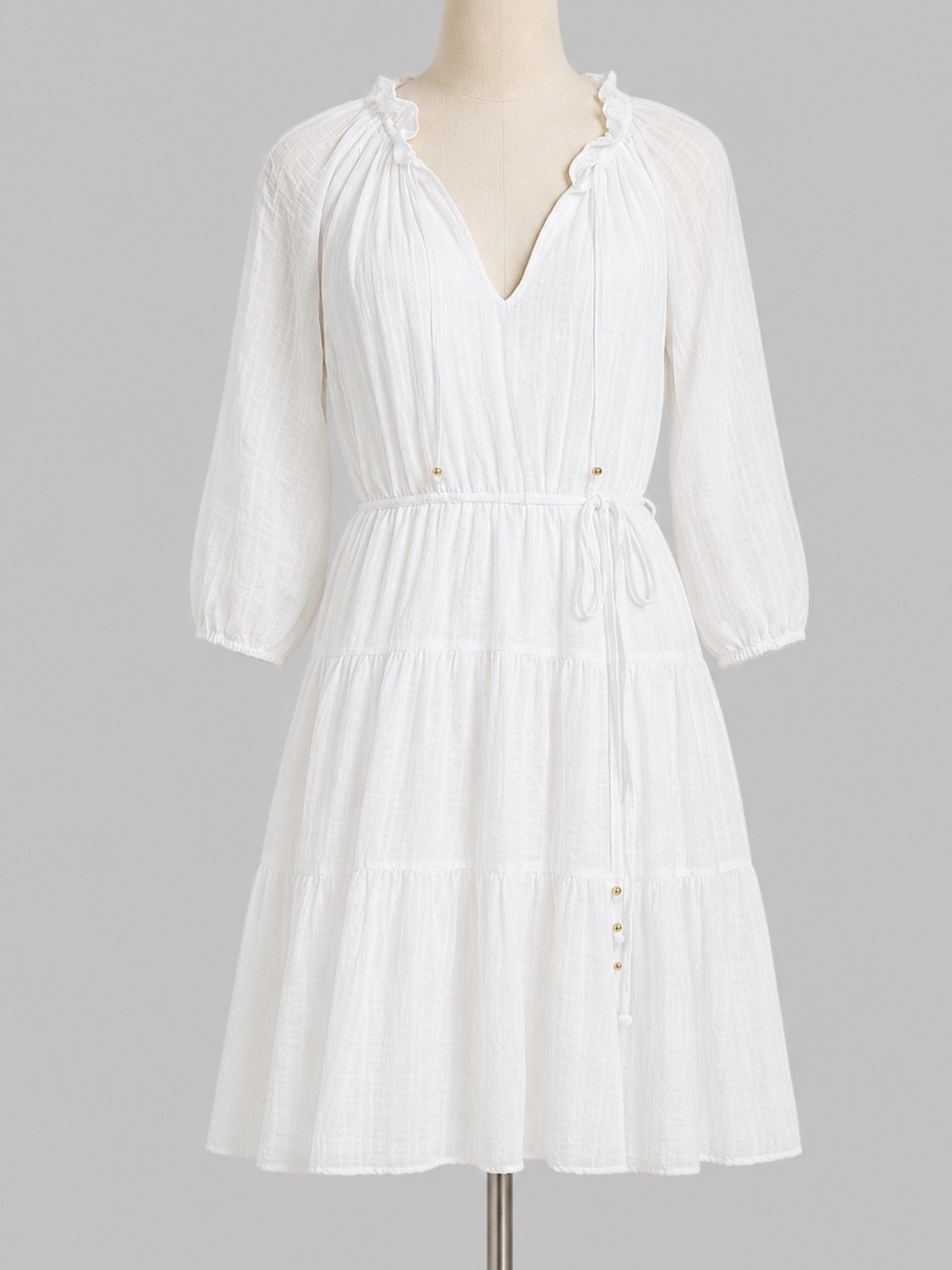 Calvin Klein White Tiered Tie Split V-Neck Midi Dress with Tie Waist - Picture 3 of 9